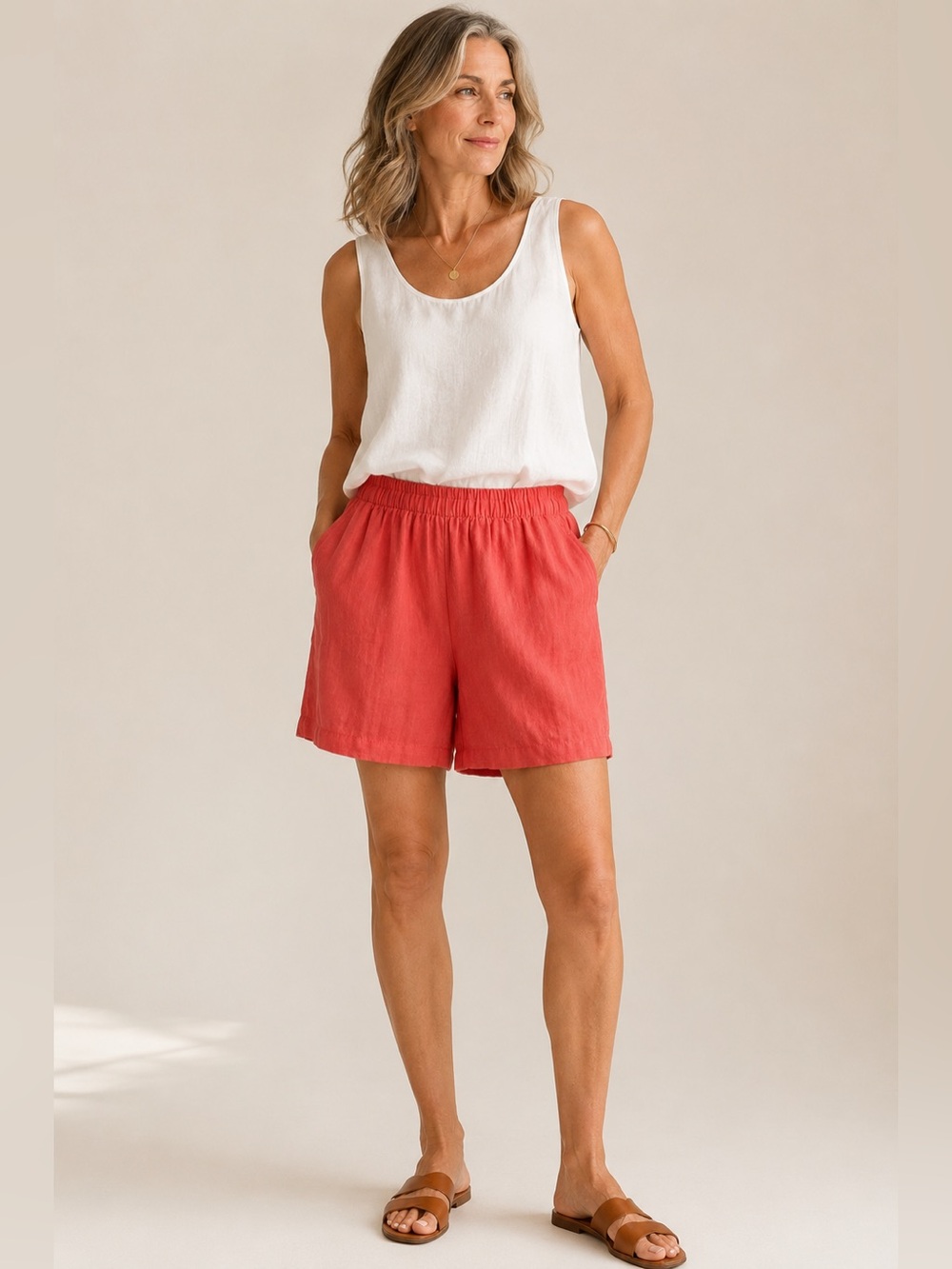 Vintage Eileen Fisher Coral Linen‎ Pull On Shorts Minimalist Coastal Resort
